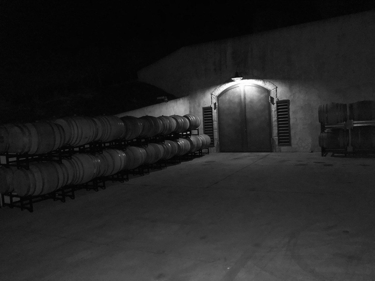 Forthright Winery Crushpad Barrels Night